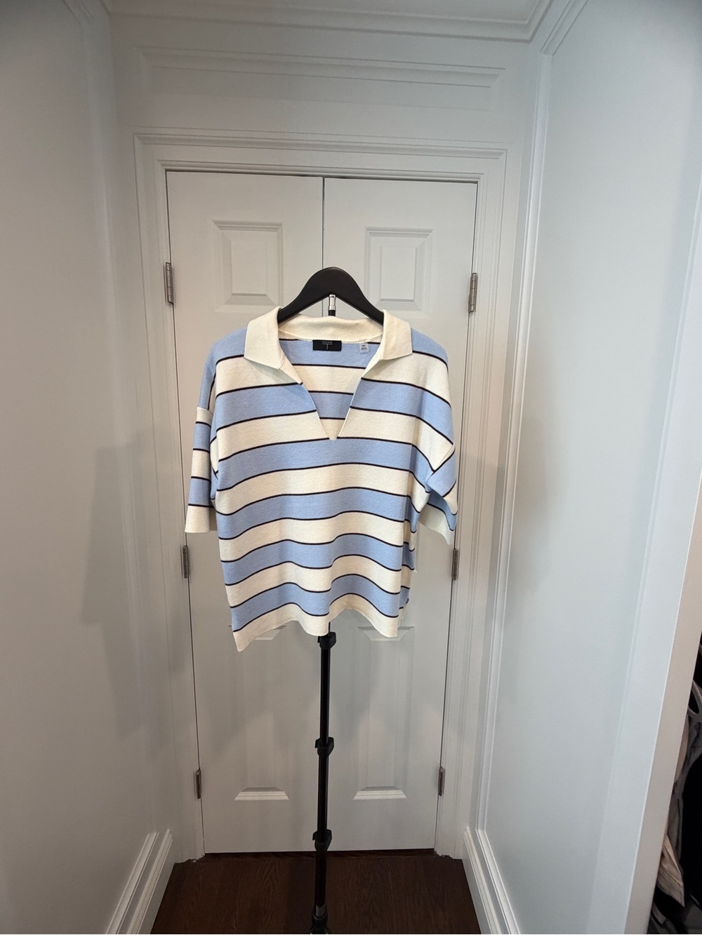 Tahari Cream and Light Blue Striped Polo Sweater